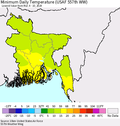 Bangladesh Minimum Daily Temperature (USAF 557th WW) Thematic Map For 3/4/2024 - 3/10/2024