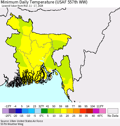 Bangladesh Minimum Daily Temperature (USAF 557th WW) Thematic Map For 3/11/2024 - 3/17/2024