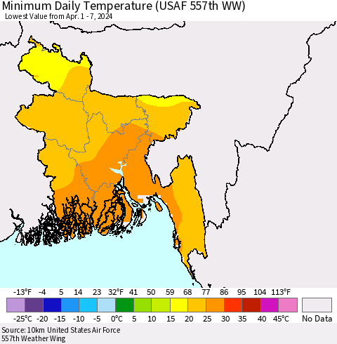 Bangladesh Minimum Daily Temperature (USAF 557th WW) Thematic Map For 4/1/2024 - 4/7/2024