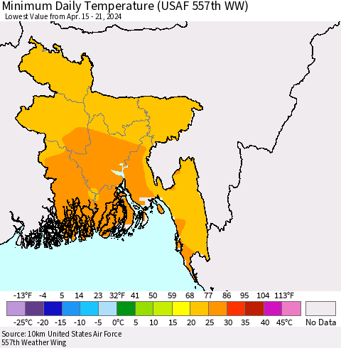 Bangladesh Minimum Daily Temperature (USAF 557th WW) Thematic Map For 4/15/2024 - 4/21/2024
