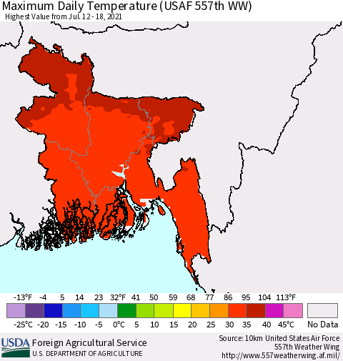 Bangladesh Maximum Daily Temperature (USAF 557th WW) Thematic Map For 7/12/2021 - 7/18/2021
