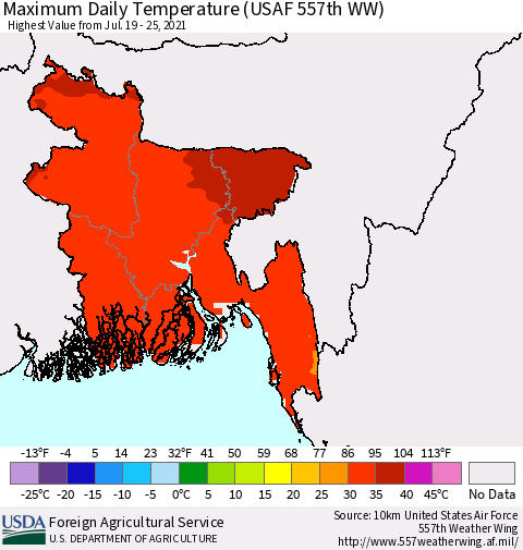 Bangladesh Maximum Daily Temperature (USAF 557th WW) Thematic Map For 7/19/2021 - 7/25/2021