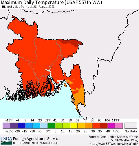 Bangladesh Maximum Daily Temperature (USAF 557th WW) Thematic Map For 7/26/2021 - 8/1/2021