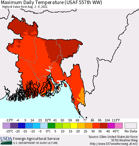 Bangladesh Maximum Daily Temperature (USAF 557th WW) Thematic Map For 8/2/2021 - 8/8/2021