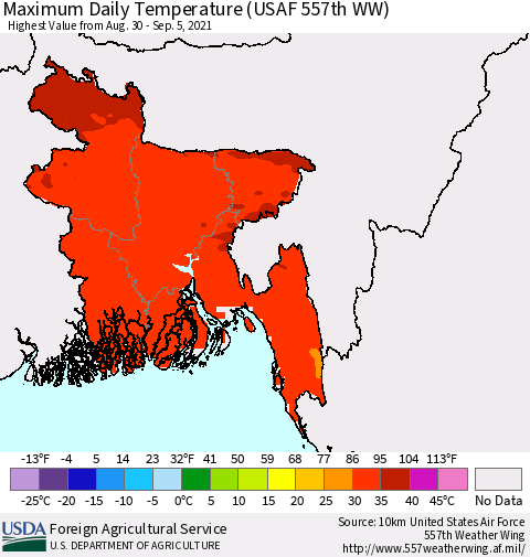 Bangladesh Maximum Daily Temperature (USAF 557th WW) Thematic Map For 8/30/2021 - 9/5/2021