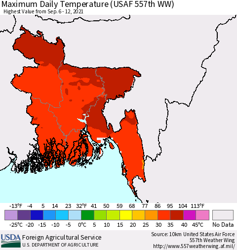 Bangladesh Maximum Daily Temperature (USAF 557th WW) Thematic Map For 9/6/2021 - 9/12/2021