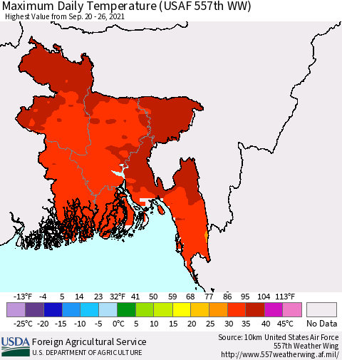 Bangladesh Maximum Daily Temperature (USAF 557th WW) Thematic Map For 9/20/2021 - 9/26/2021