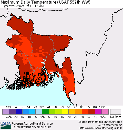 Bangladesh Maximum Daily Temperature (USAF 557th WW) Thematic Map For 10/11/2021 - 10/17/2021