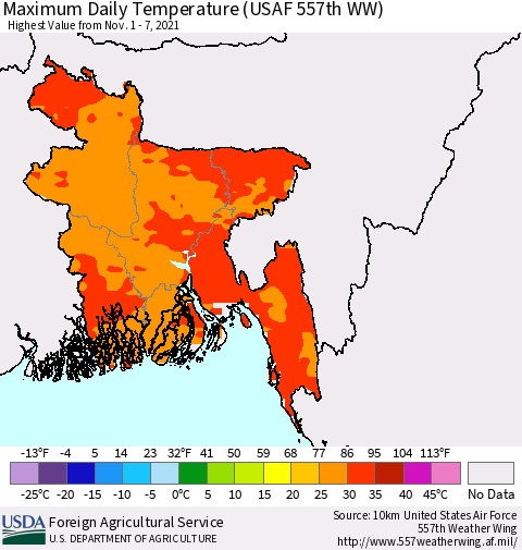 Bangladesh Maximum Daily Temperature (USAF 557th WW) Thematic Map For 11/1/2021 - 11/7/2021