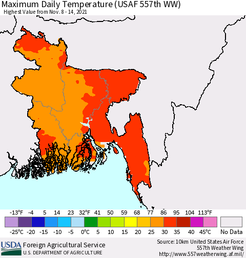 Bangladesh Maximum Daily Temperature (USAF 557th WW) Thematic Map For 11/8/2021 - 11/14/2021