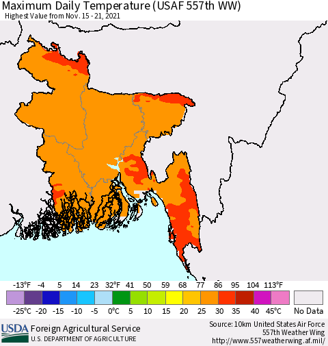 Bangladesh Maximum Daily Temperature (USAF 557th WW) Thematic Map For 11/15/2021 - 11/21/2021