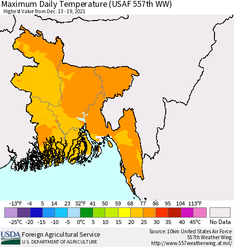 Bangladesh Maximum Daily Temperature (USAF 557th WW) Thematic Map For 12/13/2021 - 12/19/2021