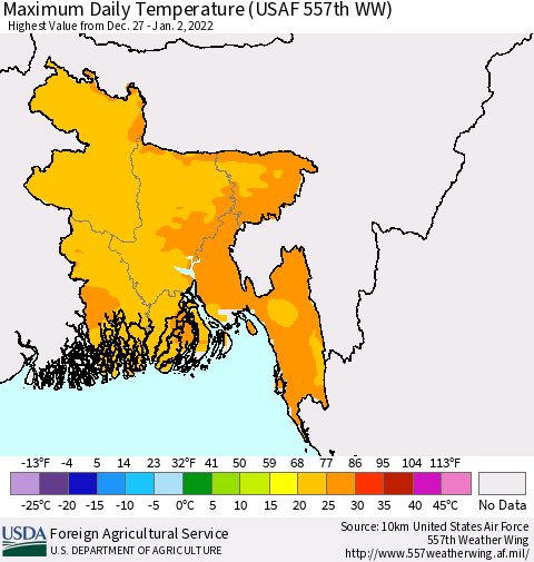 Bangladesh Maximum Daily Temperature (USAF 557th WW) Thematic Map For 12/27/2021 - 1/2/2022