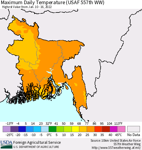 Bangladesh Maximum Daily Temperature (USAF 557th WW) Thematic Map For 1/10/2022 - 1/16/2022