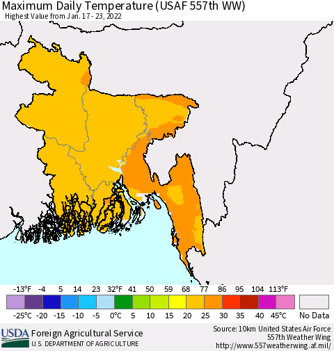 Bangladesh Maximum Daily Temperature (USAF 557th WW) Thematic Map For 1/17/2022 - 1/23/2022