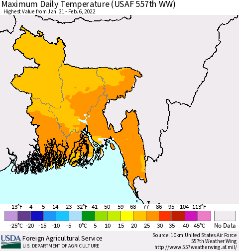 Bangladesh Maximum Daily Temperature (USAF 557th WW) Thematic Map For 1/31/2022 - 2/6/2022