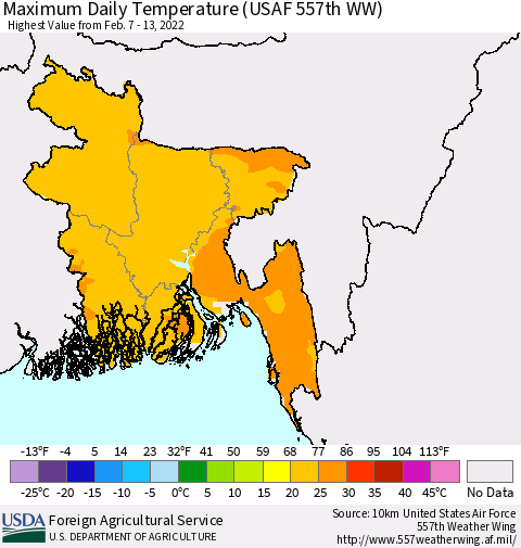 Bangladesh Maximum Daily Temperature (USAF 557th WW) Thematic Map For 2/7/2022 - 2/13/2022