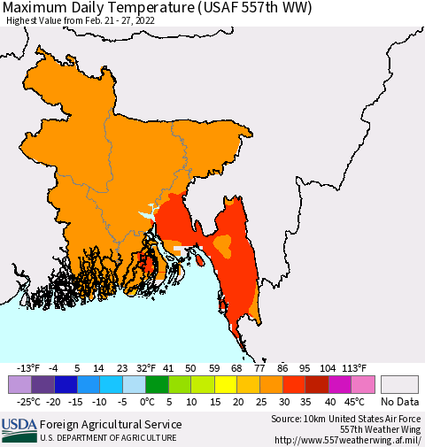 Bangladesh Maximum Daily Temperature (USAF 557th WW) Thematic Map For 2/21/2022 - 2/27/2022