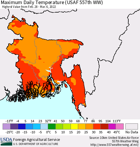 Bangladesh Maximum Daily Temperature (USAF 557th WW) Thematic Map For 2/28/2022 - 3/6/2022