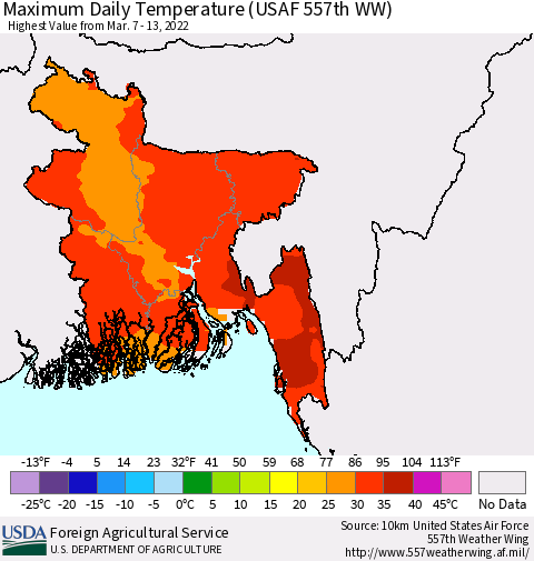 Bangladesh Maximum Daily Temperature (USAF 557th WW) Thematic Map For 3/7/2022 - 3/13/2022