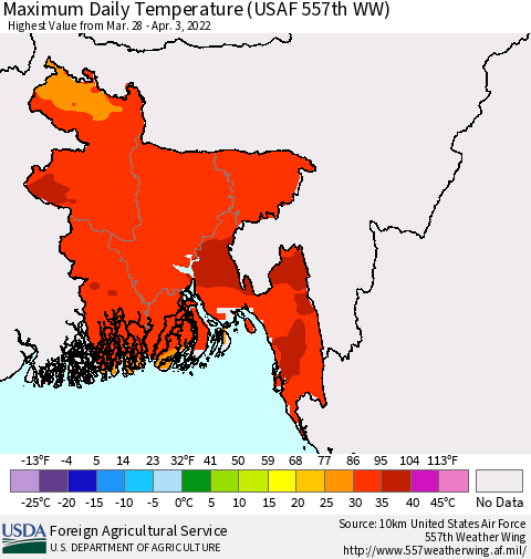 Bangladesh Maximum Daily Temperature (USAF 557th WW) Thematic Map For 3/28/2022 - 4/3/2022