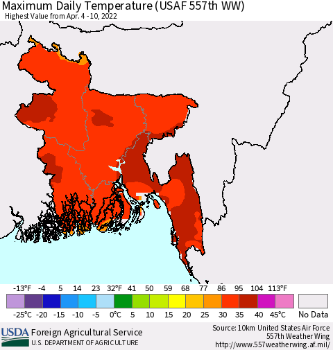 Bangladesh Maximum Daily Temperature (USAF 557th WW) Thematic Map For 4/4/2022 - 4/10/2022
