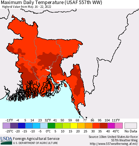 Bangladesh Maximum Daily Temperature (USAF 557th WW) Thematic Map For 5/16/2022 - 5/22/2022