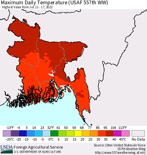 Bangladesh Maximum Daily Temperature (USAF 557th WW) Thematic Map For 7/11/2022 - 7/17/2022