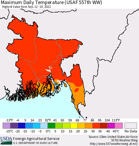Bangladesh Maximum Daily Temperature (USAF 557th WW) Thematic Map For 9/12/2022 - 9/18/2022