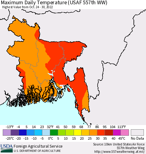 Bangladesh Maximum Daily Temperature (USAF 557th WW) Thematic Map For 10/24/2022 - 10/30/2022
