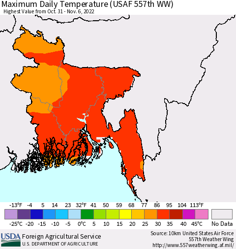 Bangladesh Maximum Daily Temperature (USAF 557th WW) Thematic Map For 10/31/2022 - 11/6/2022