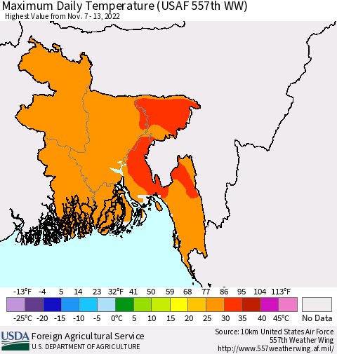Bangladesh Maximum Daily Temperature (USAF 557th WW) Thematic Map For 11/7/2022 - 11/13/2022