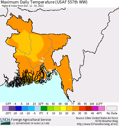 Bangladesh Maximum Daily Temperature (USAF 557th WW) Thematic Map For 12/12/2022 - 12/18/2022