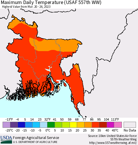 Bangladesh Maximum Daily Temperature (USAF 557th WW) Thematic Map For 3/20/2023 - 3/26/2023