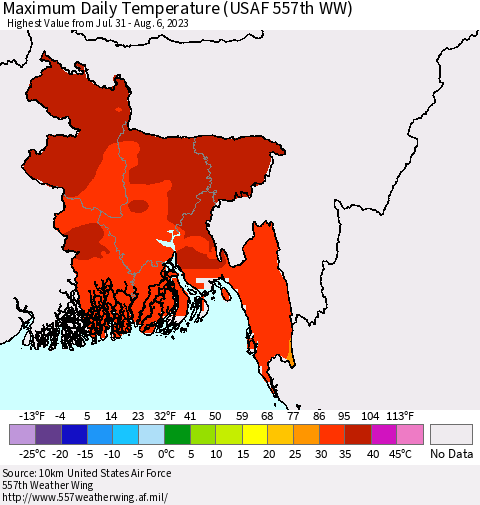 Bangladesh Maximum Daily Temperature (USAF 557th WW) Thematic Map For 7/31/2023 - 8/6/2023