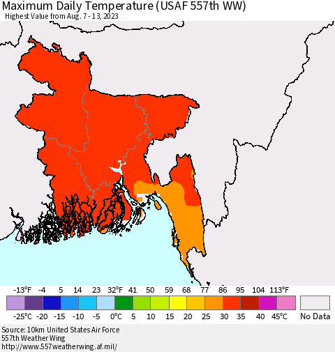 Bangladesh Maximum Daily Temperature (USAF 557th WW) Thematic Map For 8/7/2023 - 8/13/2023