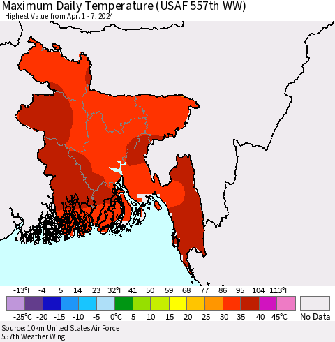 Bangladesh Maximum Daily Temperature (USAF 557th WW) Thematic Map For 4/1/2024 - 4/7/2024