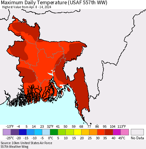 Bangladesh Maximum Daily Temperature (USAF 557th WW) Thematic Map For 4/8/2024 - 4/14/2024