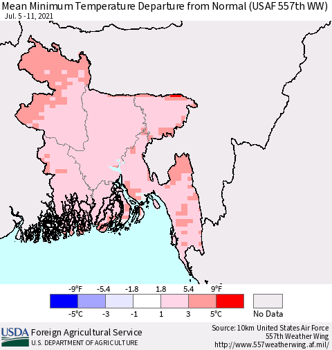 Bangladesh Mean Minimum Temperature Departure from Normal (USAF 557th WW) Thematic Map For 7/5/2021 - 7/11/2021