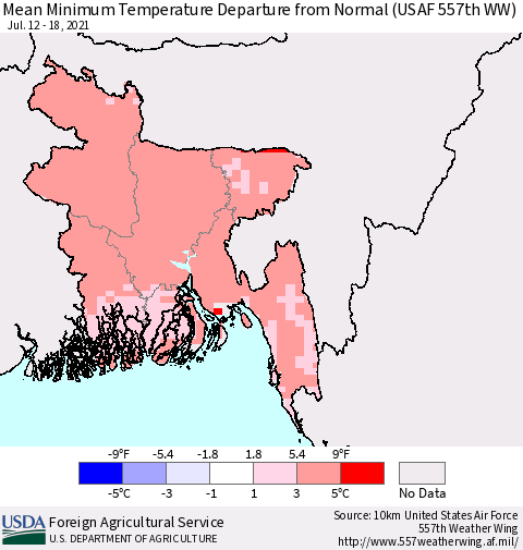 Bangladesh Mean Minimum Temperature Departure from Normal (USAF 557th WW) Thematic Map For 7/12/2021 - 7/18/2021