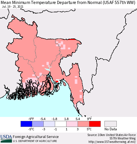 Bangladesh Mean Minimum Temperature Departure from Normal (USAF 557th WW) Thematic Map For 7/19/2021 - 7/25/2021