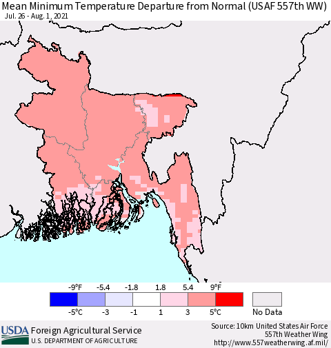 Bangladesh Mean Minimum Temperature Departure from Normal (USAF 557th WW) Thematic Map For 7/26/2021 - 8/1/2021