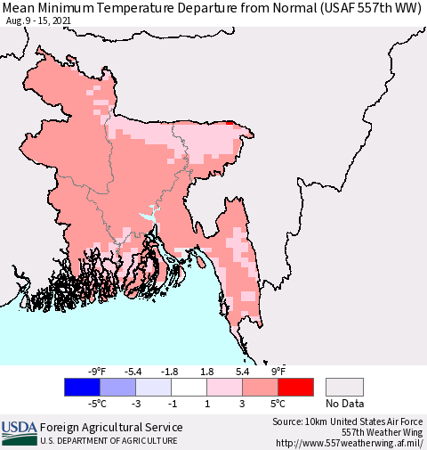 Bangladesh Mean Minimum Temperature Departure from Normal (USAF 557th WW) Thematic Map For 8/9/2021 - 8/15/2021