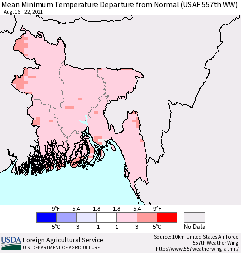 Bangladesh Mean Minimum Temperature Departure from Normal (USAF 557th WW) Thematic Map For 8/16/2021 - 8/22/2021