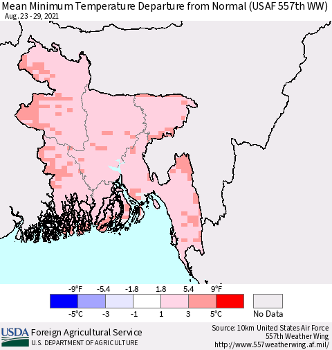 Bangladesh Mean Minimum Temperature Departure from Normal (USAF 557th WW) Thematic Map For 8/23/2021 - 8/29/2021