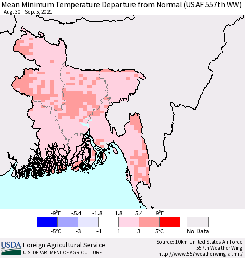 Bangladesh Mean Minimum Temperature Departure from Normal (USAF 557th WW) Thematic Map For 8/30/2021 - 9/5/2021
