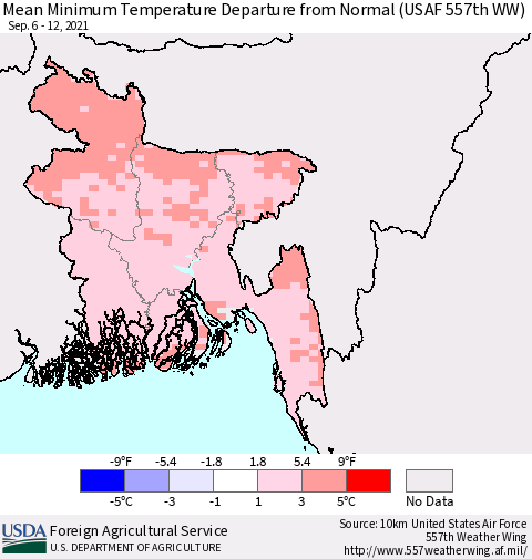 Bangladesh Mean Minimum Temperature Departure from Normal (USAF 557th WW) Thematic Map For 9/6/2021 - 9/12/2021