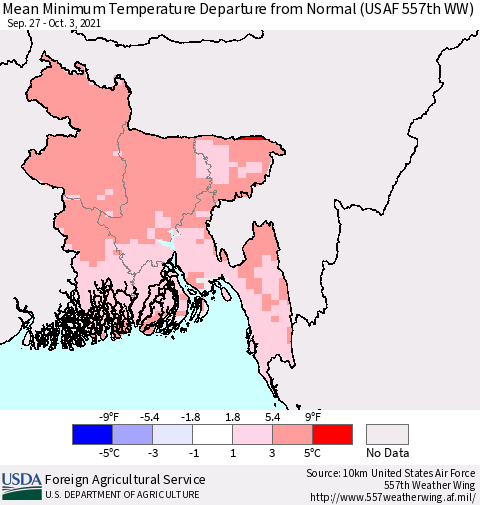 Bangladesh Mean Minimum Temperature Departure from Normal (USAF 557th WW) Thematic Map For 9/27/2021 - 10/3/2021