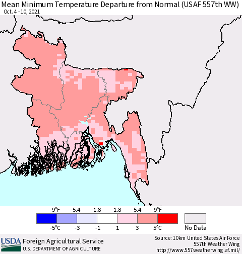 Bangladesh Mean Minimum Temperature Departure from Normal (USAF 557th WW) Thematic Map For 10/4/2021 - 10/10/2021