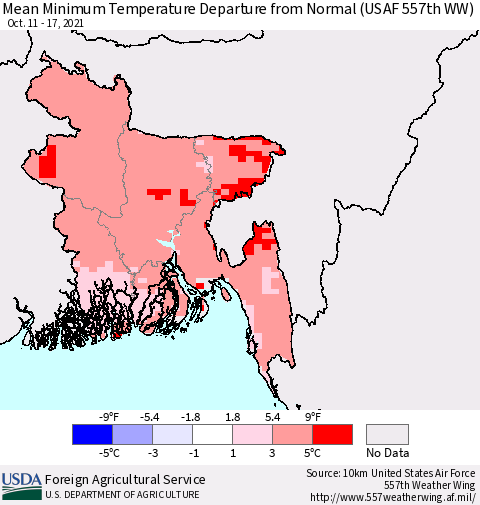 Bangladesh Mean Minimum Temperature Departure from Normal (USAF 557th WW) Thematic Map For 10/11/2021 - 10/17/2021